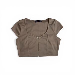 Body Central Tan Sweetheart Neckline Zip-Front Crop Top, Size M